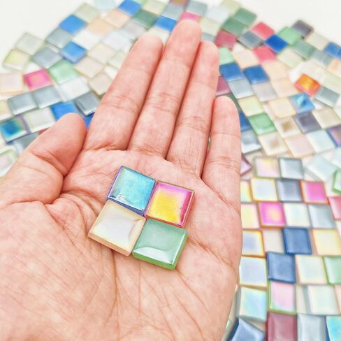 500g/1.1lb 210pcs Glass Mosaic Tiles,Mixed Colour Glass Mosaic Tiles for Crafts，Square Mosaic Tiles for Home Decoration or DIY Crafts,Iridescent Mosaic Glass Tiles (Iridescent Mixed Color, 0.59 inch) in Kuwait