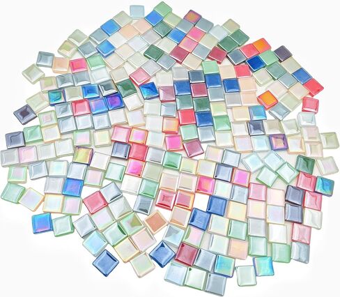 500g/1.1lb 210pcs Glass Mosaic Tiles,Mixed Colour Glass Mosaic Tiles for Crafts，Square Mosaic Tiles for Home Decoration or DIY Crafts,Iridescent Mosaic Glass Tiles (Iridescent Mixed Color, 0.59 inch) in Kuwait