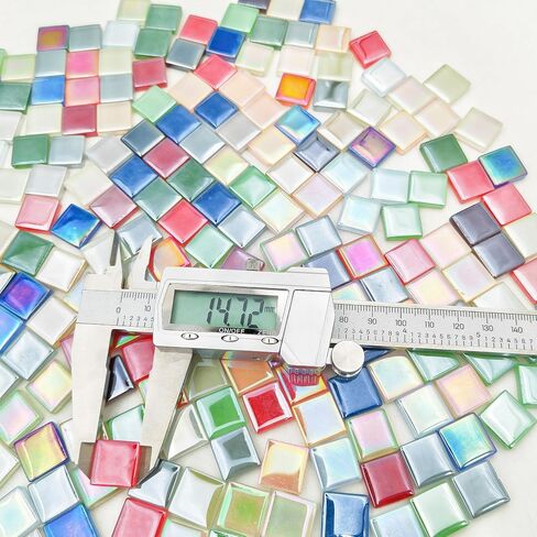 500g/1.1lb 210pcs Glass Mosaic Tiles,Mixed Colour Glass Mosaic Tiles for Crafts，Square Mosaic Tiles for Home Decoration or DIY Crafts,Iridescent Mosaic Glass Tiles (Iridescent Mixed Color, 0.59 inch) in Kuwait