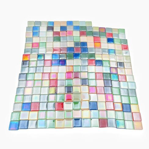 500g/1.1lb 210pcs Glass Mosaic Tiles,Mixed Colour Glass Mosaic Tiles for Crafts，Square Mosaic Tiles for Home Decoration or DIY Crafts,Iridescent Mosaic Glass Tiles (Iridescent Mixed Color, 0.59 inch) in Kuwait