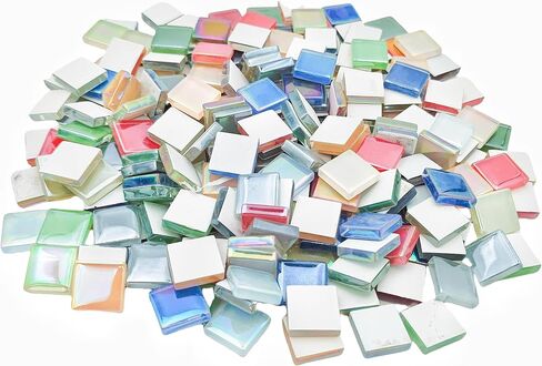 500g/1.1lb 210pcs Glass Mosaic Tiles,Mixed Colour Glass Mosaic Tiles for Crafts，Square Mosaic Tiles for Home Decoration or DIY Crafts,Iridescent Mosaic Glass Tiles (Iridescent Mixed Color, 0.59 inch) in Kuwait