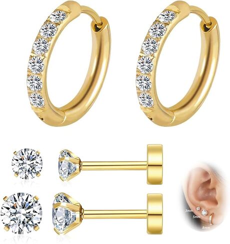 Small Gold Hoop Earrings for Women Men, Cartilage Earring 14K Gold Plated In 316L Surgical Steel Hinge Huggie Hoop Earrings for Helix, Dainty Conch Tragus Piercing Jewelry CZ Flat Back Studs in Saudi Arabia