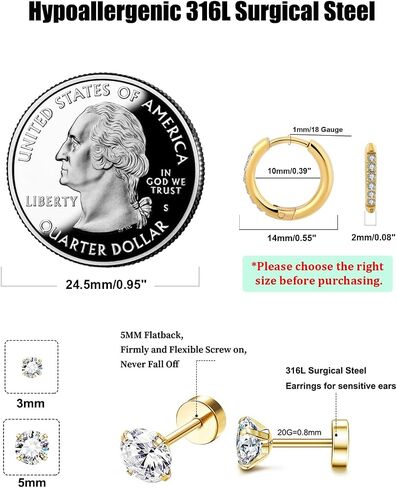 Small Gold Hoop Earrings for Women Men, Cartilage Earring 14K Gold Plated In 316L Surgical Steel Hinge Huggie Hoop Earrings for Helix, Dainty Conch Tragus Piercing Jewelry CZ Flat Back Studs in Saudi Arabia