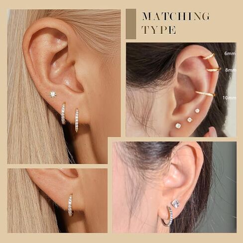 Small Gold Hoop Earrings for Women Men, Cartilage Earring 14K Gold Plated In 316L Surgical Steel Hinge Huggie Hoop Earrings for Helix, Dainty Conch Tragus Piercing Jewelry CZ Flat Back Studs in Saudi Arabia