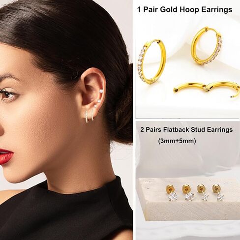 Small Gold Hoop Earrings for Women Men, Cartilage Earring 14K Gold Plated In 316L Surgical Steel Hinge Huggie Hoop Earrings for Helix, Dainty Conch Tragus Piercing Jewelry CZ Flat Back Studs in Saudi Arabia