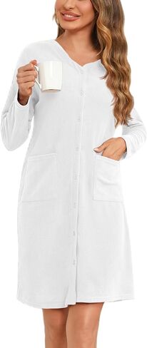 Ekouaer Women's Long Sleeve Nightshirt with Pockets Button Down Nightgown Fleece Sleepwear Fuzzy Pajama Dress S-XXL in Saudi Arabia