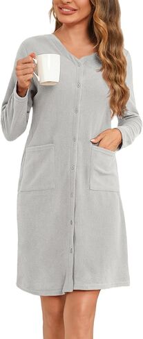 Ekouaer Women's Long Sleeve Nightshirt with Pockets Button Down Nightgown Fleece Sleepwear Fuzzy Pajama Dress S-XXL in Saudi Arabia