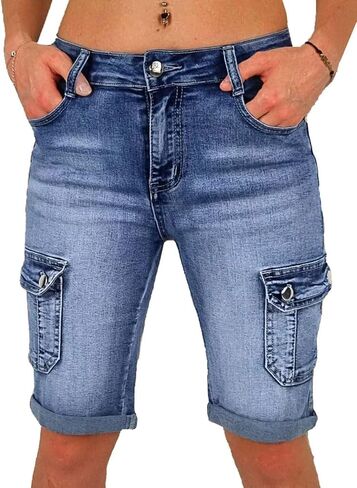 Flamingals Women's Cargo Denim Bermuda Shorts Mid Waist Stretchy Flap Pocket Jean Casual Jean Shorts in Saudi Arabia