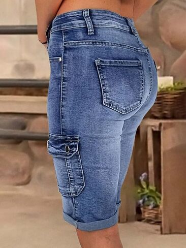 Flamingals Women's Cargo Denim Bermuda Shorts Mid Waist Stretchy Flap Pocket Jean Casual Jean Shorts in Saudi Arabia