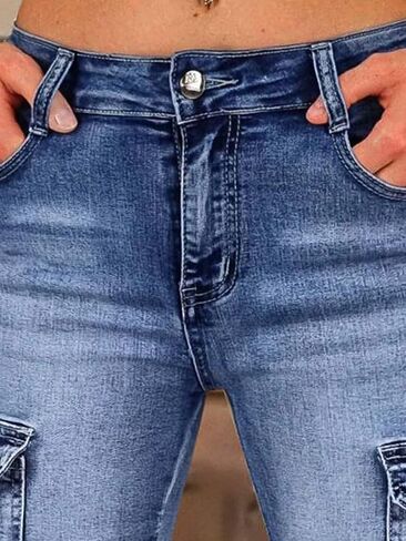 Flamingals Women's Cargo Denim Bermuda Shorts Mid Waist Stretchy Flap Pocket Jean Casual Jean Shorts in Saudi Arabia