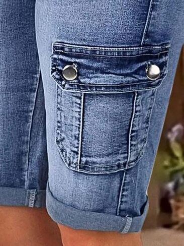 Flamingals Women's Cargo Denim Bermuda Shorts Mid Waist Stretchy Flap Pocket Jean Casual Jean Shorts in Saudi Arabia