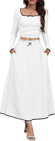 Womens Two Piece Skirt Set 2024 Trendy Fall Outfits Sets Ribbed Knit Long Sleeve Crop Top Midi Long Skirts with Pockets in Kuwait