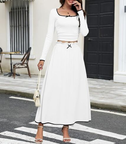 Womens Two Piece Skirt Set 2024 Trendy Fall Outfits Sets Ribbed Knit Long Sleeve Crop Top Midi Long Skirts with Pockets in Kuwait