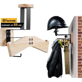 GYMARK Motorcycle Helmet Holder Wall Mount Solid Wood Helmet Rack, Tactical Gear Holder with Helmet Stand Plate Carrier Hanger & Display for Police, Football, Baseball, Cycling Gear