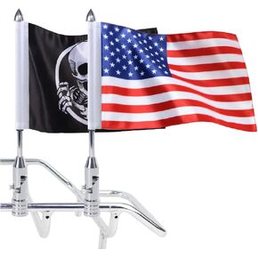 2 PCS Motorcycle Flag Pole with American Flag and Pirate Safety Flag 6.7'' x 10.2'' Foldable 90° Flag Pole Bracket Fit for 1/2'' Tubular Luggage Rack Harley Touring Spring Honda Goldwing etc.