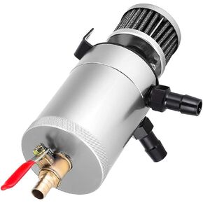 Universal Baffled Oil Catch Can with Breather Filter and Drain Valve 2 Ports (oulet + inlet),150ml Billet Aluminum Oil Separator Catch Can Oil Reservoir Tank,4 Adapters/Screws/Washers Included,Black