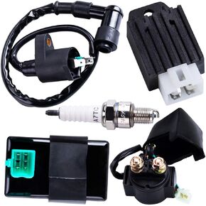 CNCMOTOK CDI Box Ignition Coil Solenoid Relay Voltage Regulator with Spark Plug Set of Five(5) for 50cc 70cc 90cc 110cc 125cc ATV Dirt Bike and Go Kart