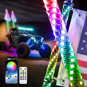3FT-2PC أضواء سوط LED لمطاردة UTV RGB / ضوء الرقص التحكم عن بعد مدعوم من التطبيق، 600+ مجموعات وضع الألوان، RGB مطاردة هوائي مضاء لـ UTV، ATV، شاحنة، Dune Buggy