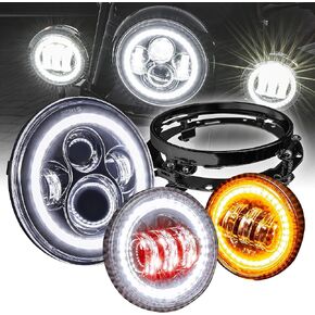 TRUE MODS 7" LED Headlight/4.5" Passing Light for Harley Davidson + Mounting Bracket [Black-Finish] [HALO DRL] [4500/1440 LM] [Plug and Play] For Touring Dyna Electra Glide Road King Softail Fatboy