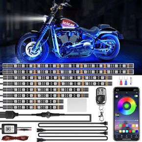 8PCS Motorcycle LED Underglow Kit, 4 Key Remote Control App Control with Two Extension Cords Motorcycle Lights Music Sync Waterproof RGB LED Motorcycle Light Kit for UTV ATV Golf Cart