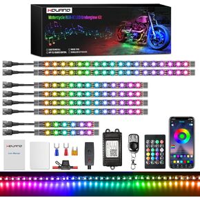 Hovano 8PCS Motorcycle Magic-RGB LED Light Kits with Brake Light Turn Signal, Chasing Motorcycle LED Underglow Kit with APP/IR/RF Remote Control,12V Waterproof Neon Accent Light for Golf ATV UTV