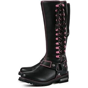 Motorcycle Boots for Women with Full Size Zipper & Lace Details, Black Motorcycle Riding Boots for Ladies with Heel, Classic Harness Design, Mid Calf