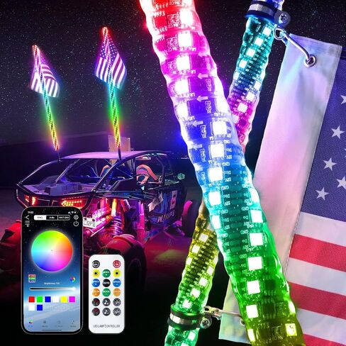 3FT-2PC أضواء سوط LED لمطاردة UTV RGB / ضوء الرقص التحكم عن بعد مدعوم من التطبيق، 600+ مجموعات وضع الألوان، RGB مطاردة هوائي مضاء لـ UTV، ATV، شاحنة، Dune Buggy in Kuwait