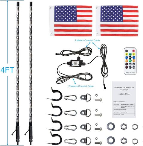 3FT-2PC أضواء سوط LED لمطاردة UTV RGB / ضوء الرقص التحكم عن بعد مدعوم من التطبيق، 600+ مجموعات وضع الألوان، RGB مطاردة هوائي مضاء لـ UTV، ATV، شاحنة، Dune Buggy in Kuwait