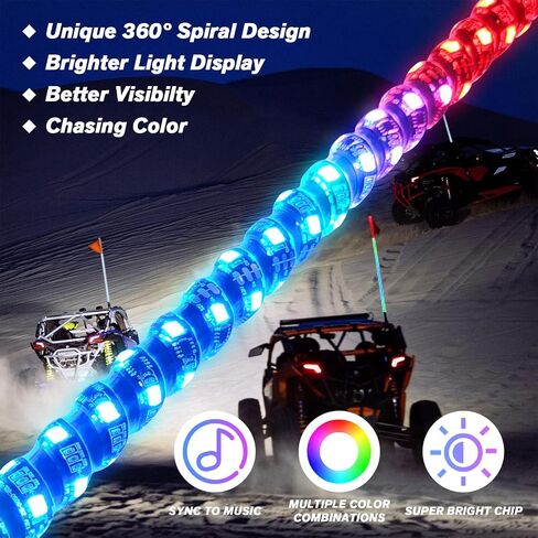 2pcs 3ft LED Spiral RGB Led Whip Light with Spring Base Chasing Light with Bluetooth and Remote Control Lighted Antenna Whips for Can-Am ATV UTV RZR Polaris Dune Buggy Offroad Truck in Saudi Arabia