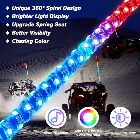 2 قطعة 3ft LED أضواء السوط مع بلوتوث وجهاز التحكم عن بعد دوامة RGB مطاردة ضوء الطرق الوعرة 360 درجة تصاعد حلم ملفوفة السياط الرقص in Kuwait