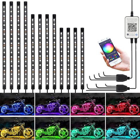 Kairiyard 12 قطعة دراجة نارية LED Underglow Kit، التحكم في التطبيق متعدد الألوان للدراجات النارية Underglow LED مجموعة إضاءة مزامنة الموسيقى RGB شرائط ضوء مقاومة للماء لهارلي ديفيدسون هوندا كاواساكي سوزوكي in Saudi Arabia