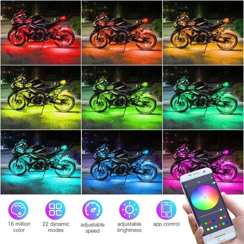 Kairiyard 12 قطعة دراجة نارية LED Underglow Kit، التحكم في التطبيق متعدد الألوان للدراجات النارية Underglow LED مجموعة إضاءة مزامنة الموسيقى RGB شرائط ضوء مقاومة للماء لهارلي ديفيدسون هوندا كاواساكي سوزوكي in Saudi Arabia