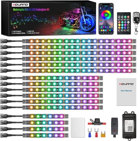 Hovano 8PCS دراجة نارية Magic-RGB مجموعات ضوء LED مع ضوء الفرامل إشارة بدوره، مطاردة دراجة نارية LED Underglow عدة مع APP / IR / RF التحكم عن بعد، 12V ماء نيون ضوء لهجة للجولف ATV UTV in Kuwait