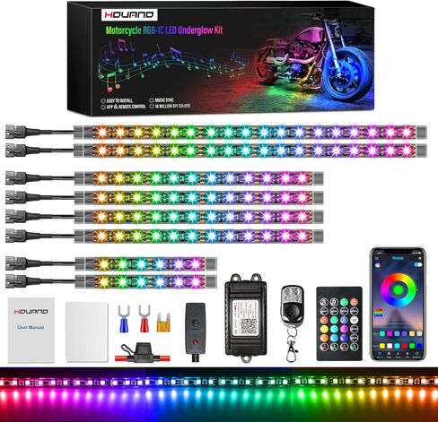 Hovano 8PCS دراجة نارية Magic-RGB مجموعات ضوء LED مع ضوء الفرامل إشارة بدوره، مطاردة دراجة نارية LED Underglow عدة مع APP / IR / RF التحكم عن بعد، 12V ماء نيون ضوء لهجة للجولف ATV UTV in Kuwait
