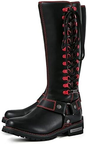 Motorcycle Boots for Women with Full Size Zipper & Lace Details, Black Motorcycle Riding Boots for Ladies with Heel, Classic Harness Design, Mid Calf in Saudi Arabia