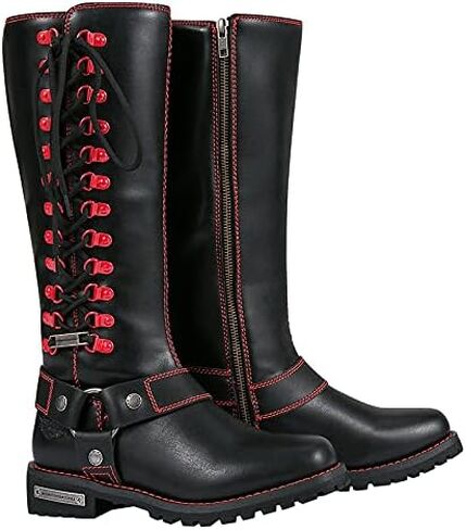 Motorcycle Boots for Women with Full Size Zipper & Lace Details, Black Motorcycle Riding Boots for Ladies with Heel, Classic Harness Design, Mid Calf in Saudi Arabia