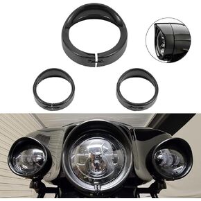 7" Headlight Trim Ring & 4.5" Fog Light Trim Rings Kit, Chrome Decorate Visor for Harley Road King Street Glide Electra Glide Heritage Softail Fat Boy (Black)