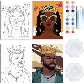 WEBEEDY 2 Pack Canvas Painting Kits Pre Drawn Stretched Canvas Painting for Adults 8x10 Inch Afro Queen King Couple Painting Kit Date Night Game Party Supplies Paint Art Set for Beginner Gift Favor