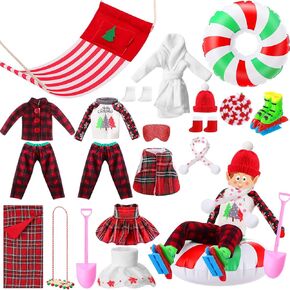 15 Pcs Christmas Elf Doll Accessories Set Include Christmas Elf Clothing Bathrobe Swing Scarf Skirts Apron Socks Hat Glasses Accessories for Xmas Elf Doll Decor(Trendy)