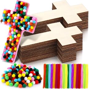 Blueweenly 48 Set DIY Wood Cross Crafts for Kids Sunday School Vacation Bible School Supplies Include 48 Unfinished Wood Cross 100 Pipe Cleaners 200 Pom Poms for Easter Church Activity Decoration
