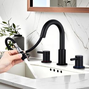 KZH Brushed Nickel Bathroom Faucet for Sink 3 Hole 8 inch Spread with Pull Down Sprayer, with Pull Out Sprayer Widespread Bathroom Faucet with Pop Up Drain, Bathroom Sink Faucet with Pop Up Drain