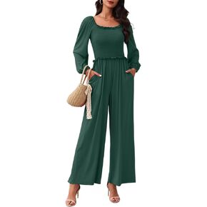 Tanou 2024 Women's Long Sleeve One Piece Smocked Jumpsuits Fall Casual Square Neck Wide Leg Loose Rompers with Pockets