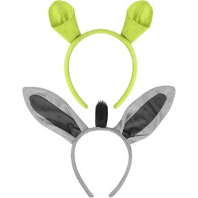 EVERMARKET 2 Pack Green Plush Donkey Ears Headband Horns Headband,Halloween Christmas Festival Theme Party Animal Cosplay Costume Headwear