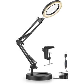12X Magnifying Glass with Light and Stand, 2-in-1 Lighted Magnifier with Clamp 5 Color Modes LED Desk Lamp,Hands Free for Craft Hobby Reading Painting Sewing Close Work (5 Inches)
