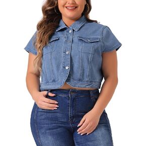 Agnes Orinda Plus Size Short Sleeve Denim Jackets for Women Y2K Button Down Tops Streetwear Cropped Jean Jacket