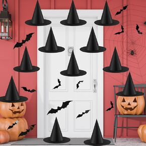 Tmflexe 12pcs Halloween Witch Hats Costume Accessories Party Decorations for Halloween Party Cosplay Christams Holiday Carnivals Hats + 12pcs 3D Decoration Bats DIY Sticker