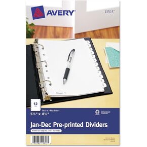 Avery 11315 Monthly Tab Dividers, 7-Hole Punched, Jan-Dec, 12/PK, WE
