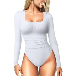 OQQ Women's Bodysuits Ruched Long Sleeve Square Neck Lounge Stretch Travel Bodysuits