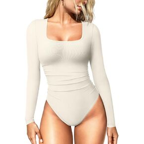 OQQ Women's Bodysuits Ruched Long Sleeve Square Neck Lounge Stretch Travel Bodysuits