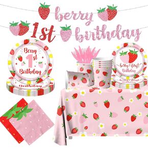 Strawberry 1st Birthday Party Decorations, Strawberry Sweet One Birthday Decor, Plate, Cup, Napkin, Tablecloth, Strawberry Party Decorations for Baby Girl, Berry First Birthday Party Supplies
